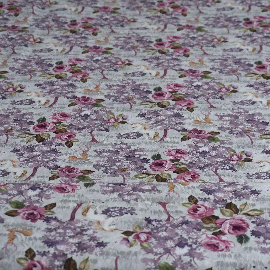 Baumwollstoff Motivdruck Einhorn Hirsch Rosen lila